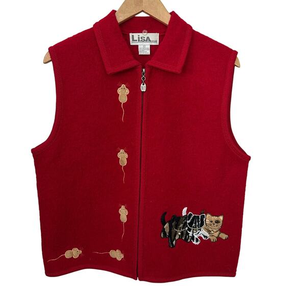 VTG‎ Lisa International 100% Boiled Wool Red Sweater Vest With Cats Mice Large - Picture 1 of 7
